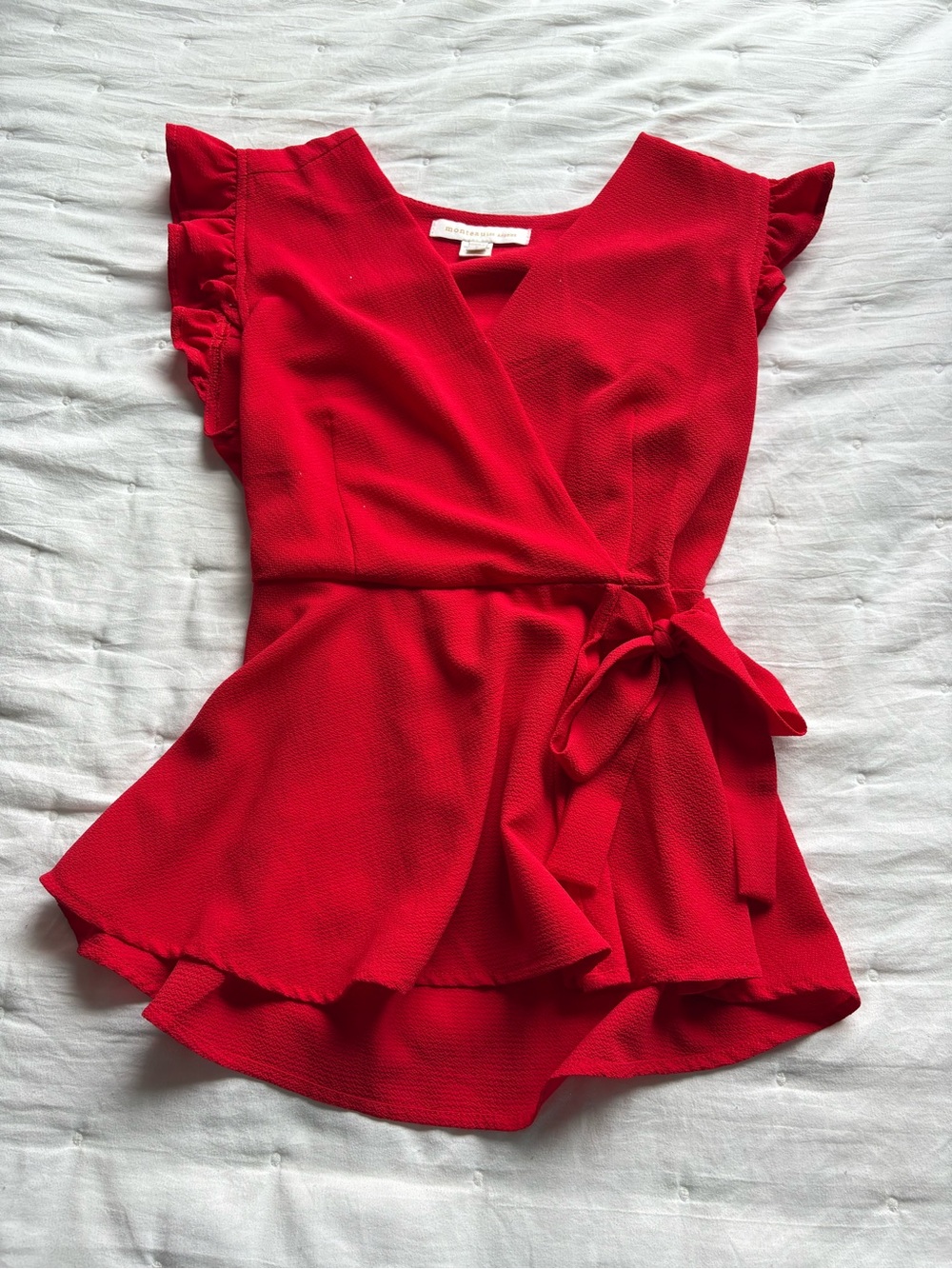 Monteau Red Wrap Peplum Blouse with Tie Waist
